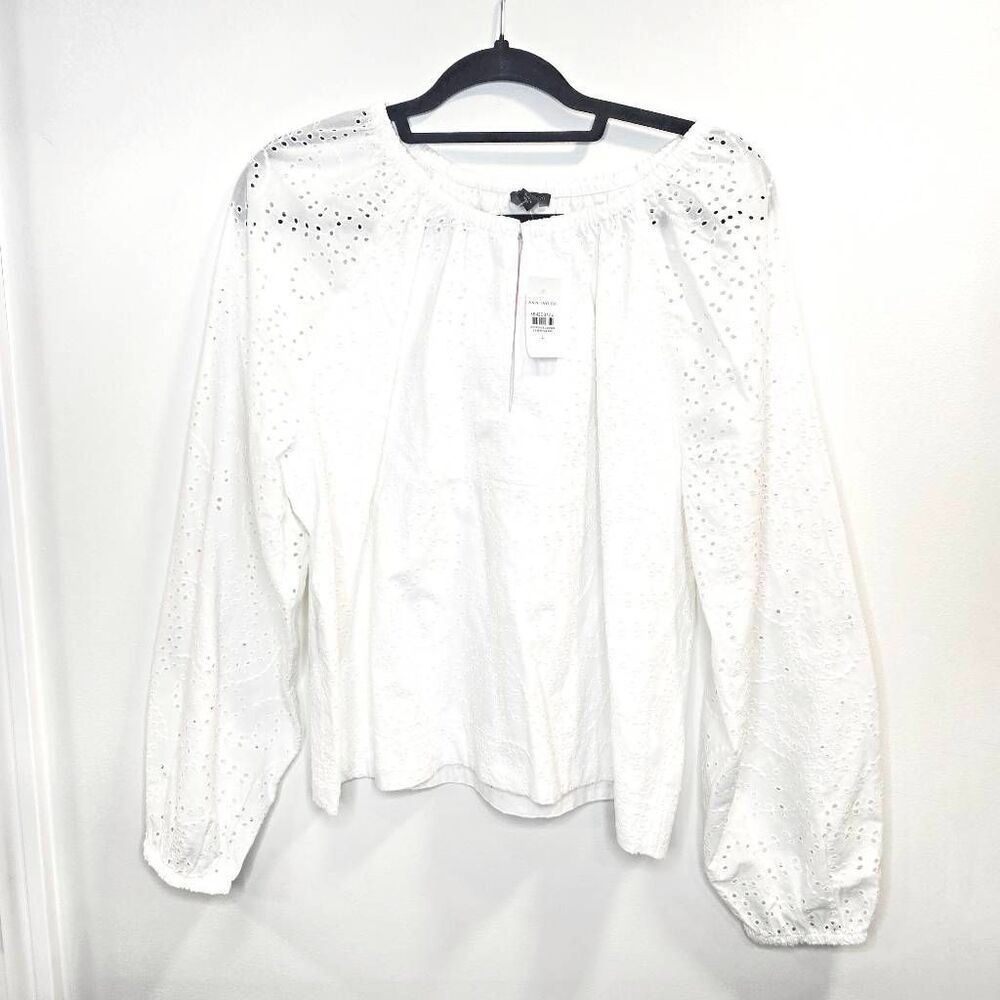 Ann Taylor Eyelet Top Women's Large White Long Raglan Sleeve Popover Blouse - Picture 5 of 11